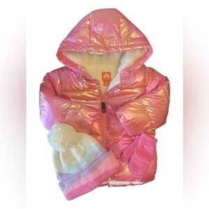 Little girls Iridescent Pink Puffer Jacket with Pom Beanie & Mittens